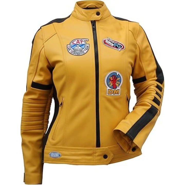 Yellow jacket with black accents and various logos on a white background