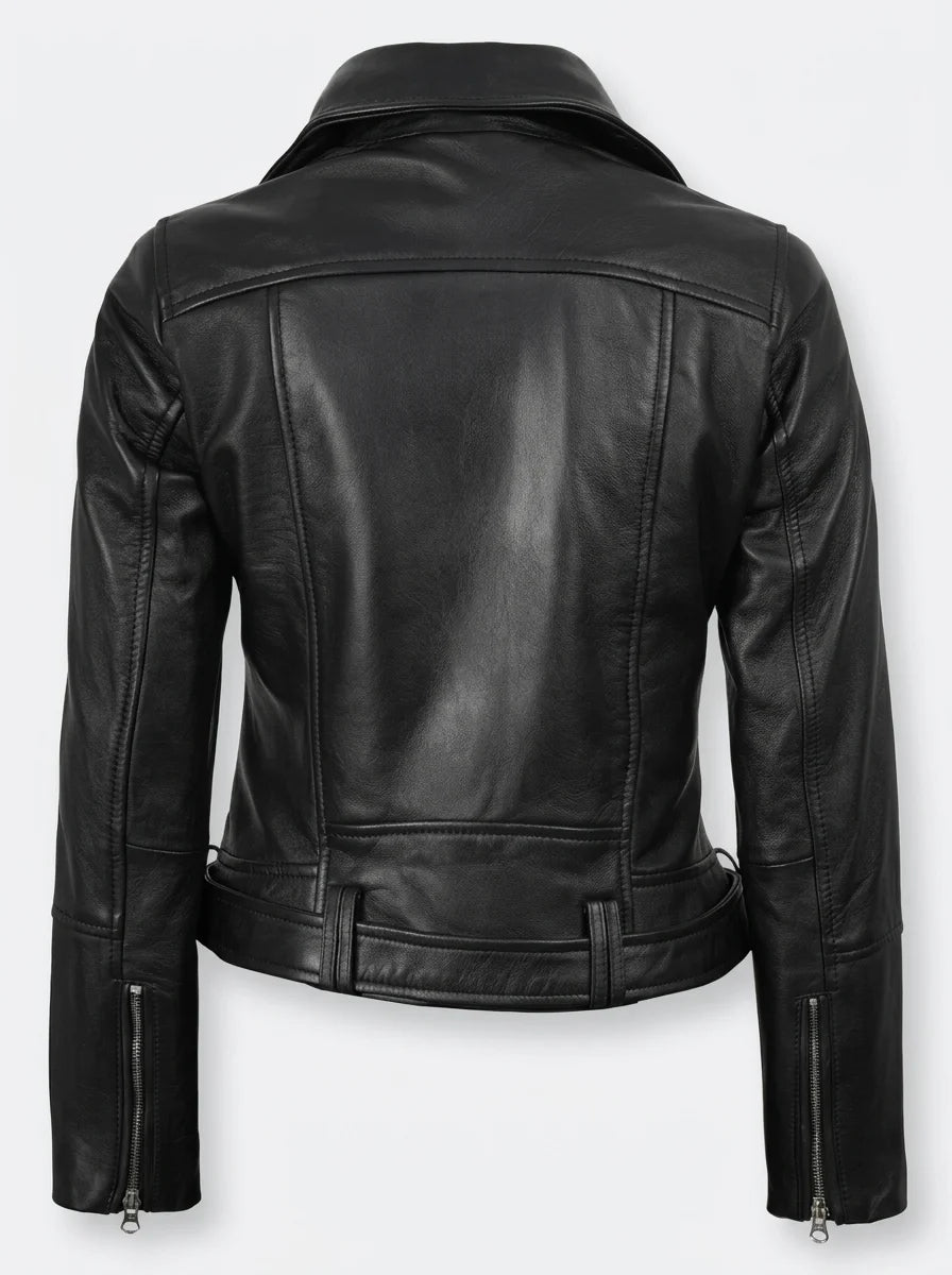 Women's Asymmetrical Black Leather Belted Biker Style Jacket