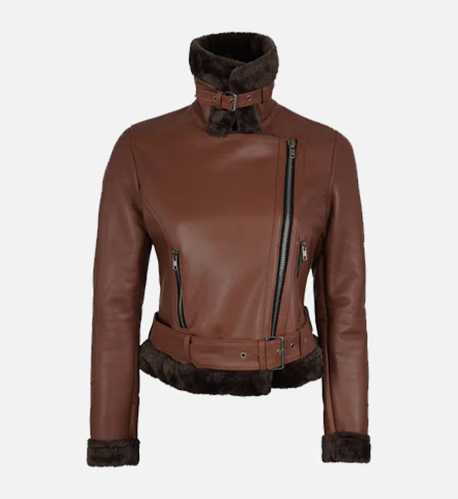 Women's Biker Brown Shearling Leather Jacket
