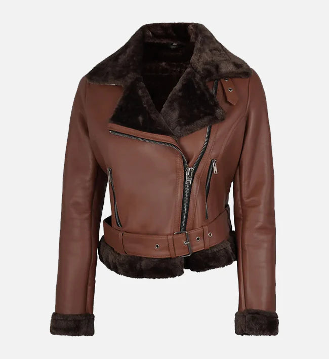 Women's Biker Brown Shearling Leather Jacket