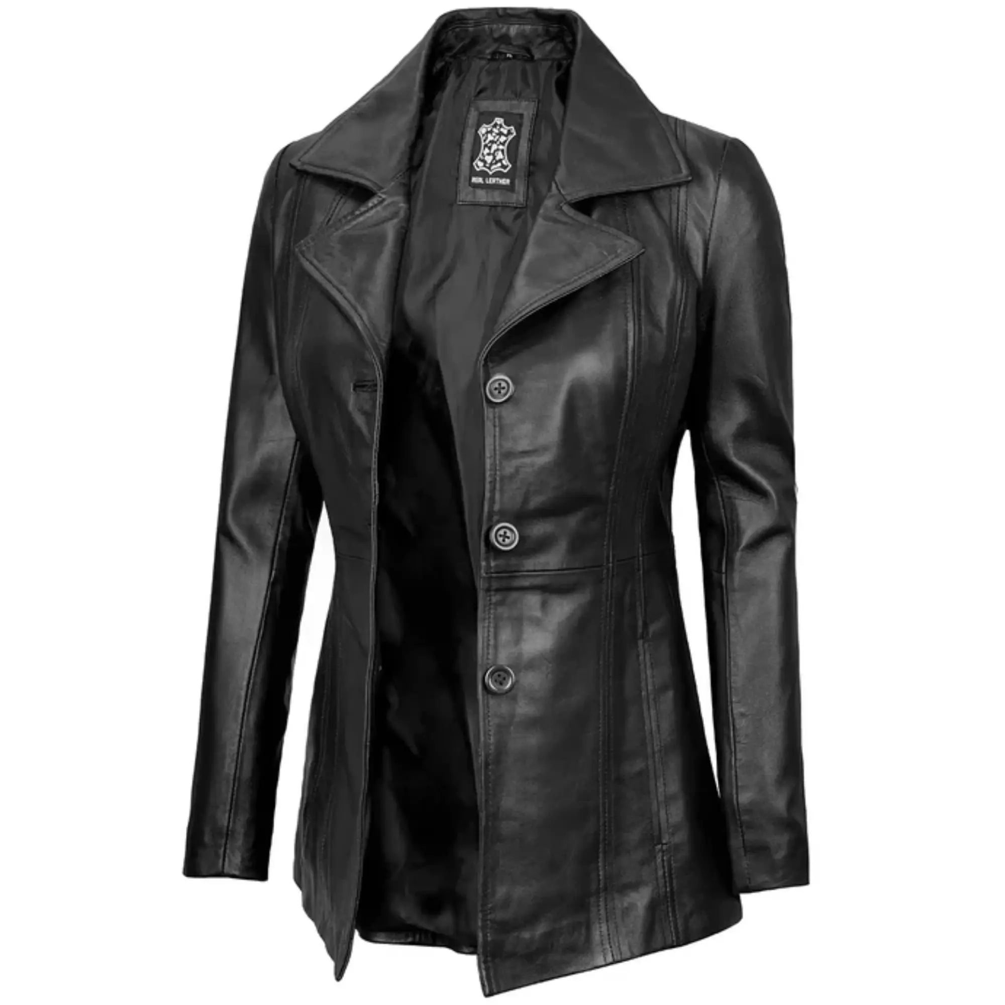 Women's Black Leather Blazer with Three Button