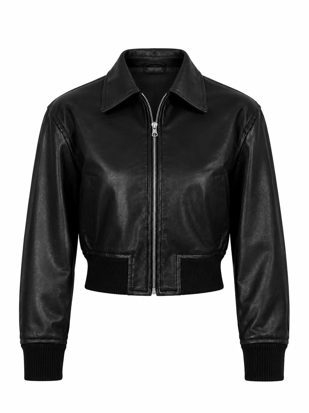 Women's Black Leather Cropped Style Bomber Jacket