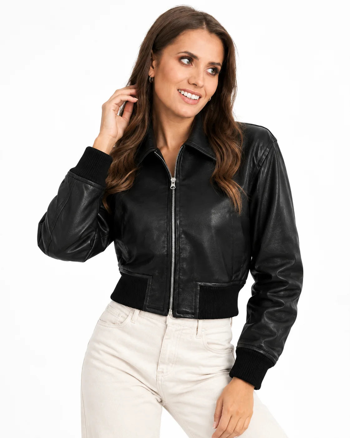 Women's Black Leather Cropped Style Bomber Jacket