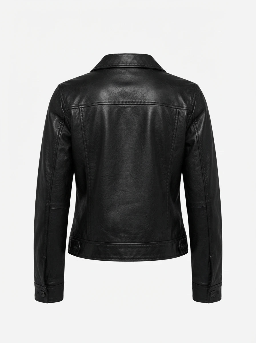 Women's Black Leather Drop Shoulder Trucker Jacket
