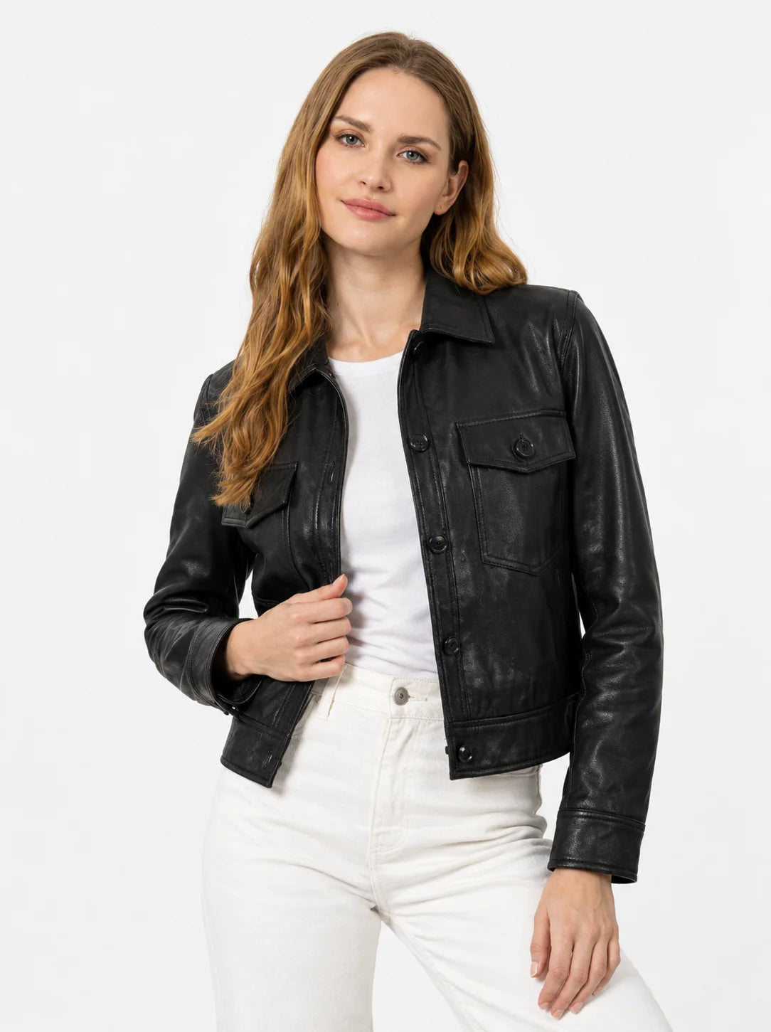 Women's Black Leather Drop Shoulder Trucker Jacket