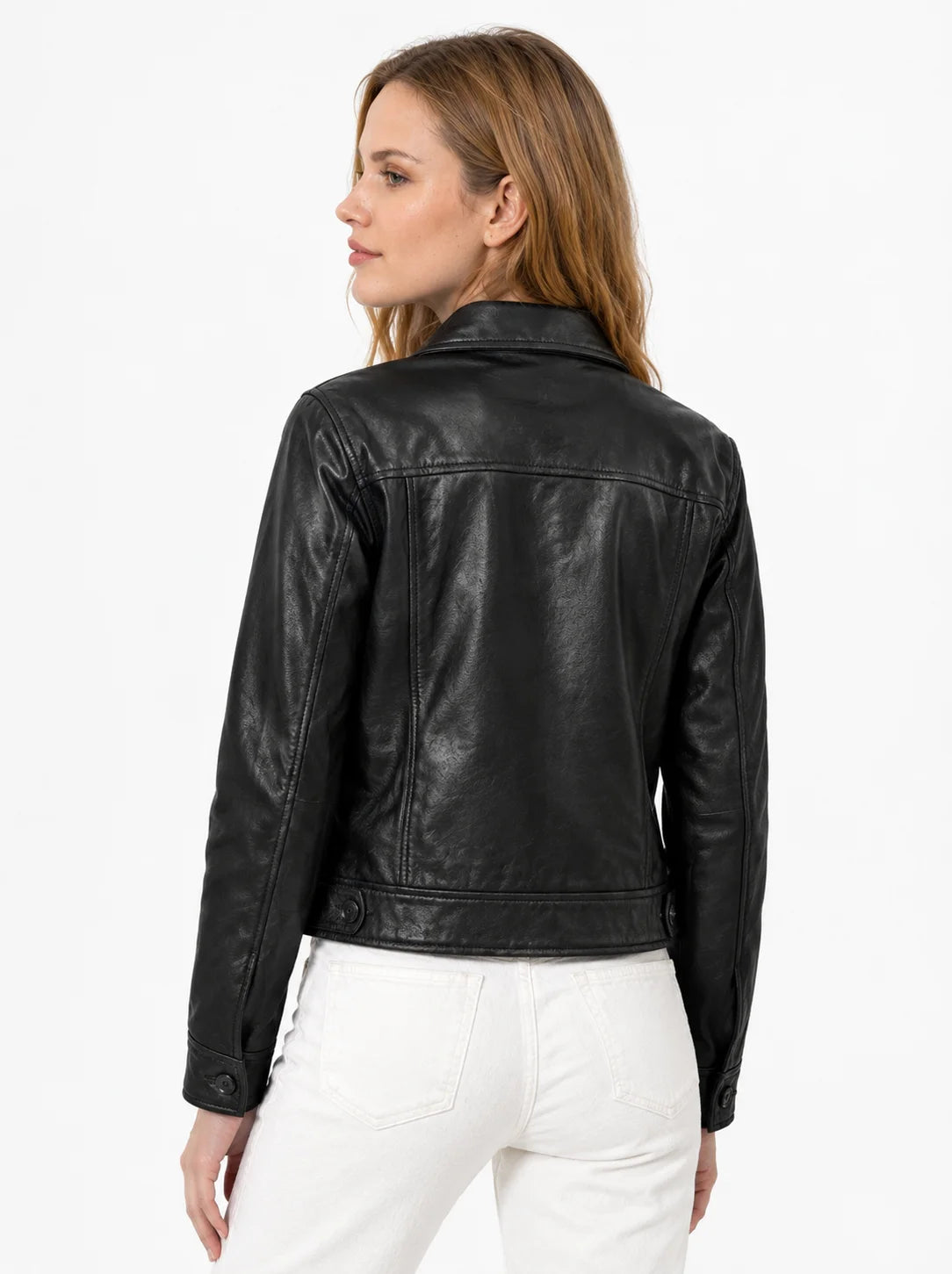 Women's Black Leather Drop Shoulder Trucker Jacket