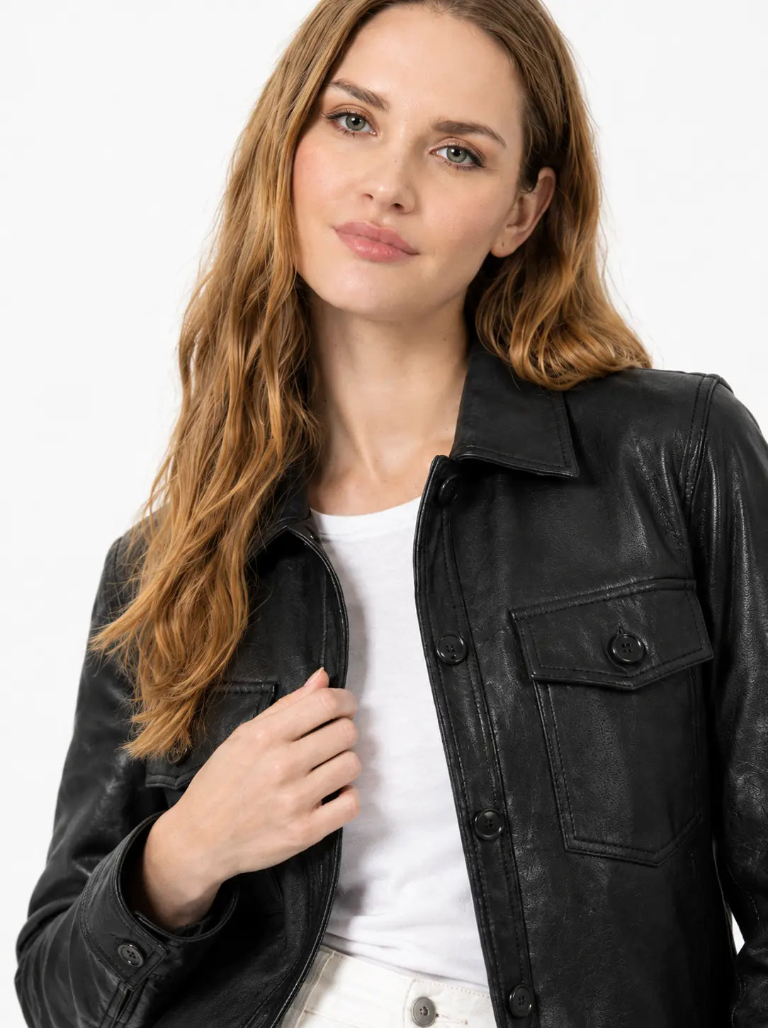 Women's Black Leather Drop Shoulder Trucker Jacket