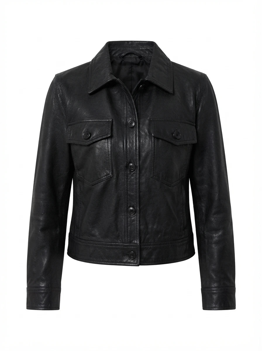 Women's Black Leather Drop Shoulder Trucker Jacket