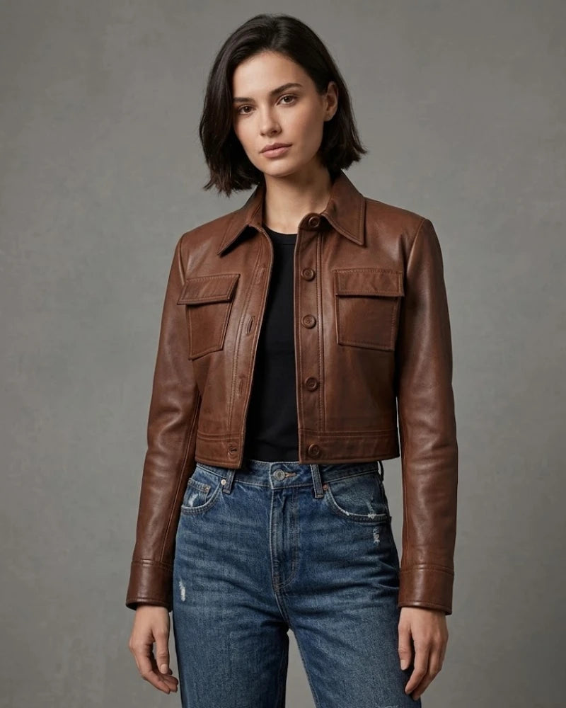 Women's Brown Cropped Leather Trucker Jacket