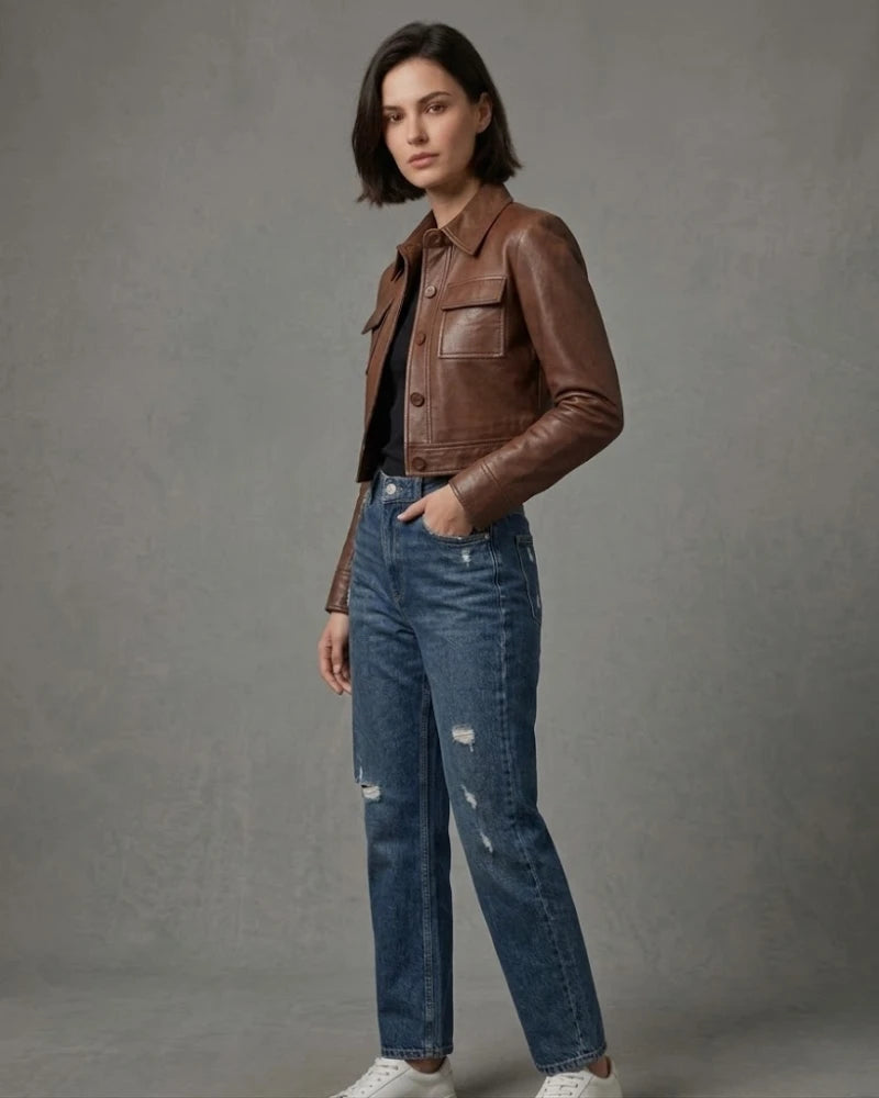 Women's Brown Cropped Leather Trucker Jacket