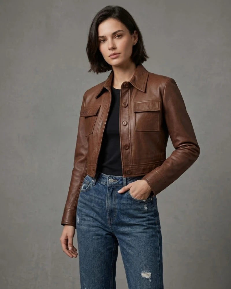 Women's Brown Cropped Leather Trucker Jacket