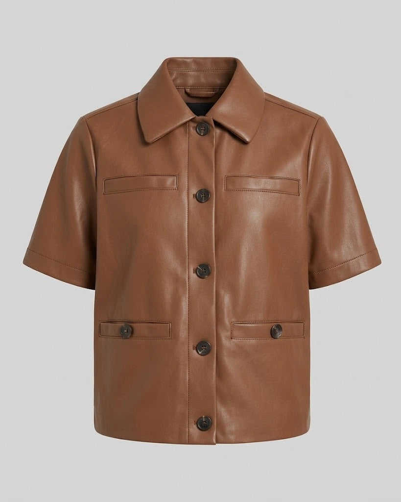 Women's Brown Short Sleeve Faux Leather Shirt 1