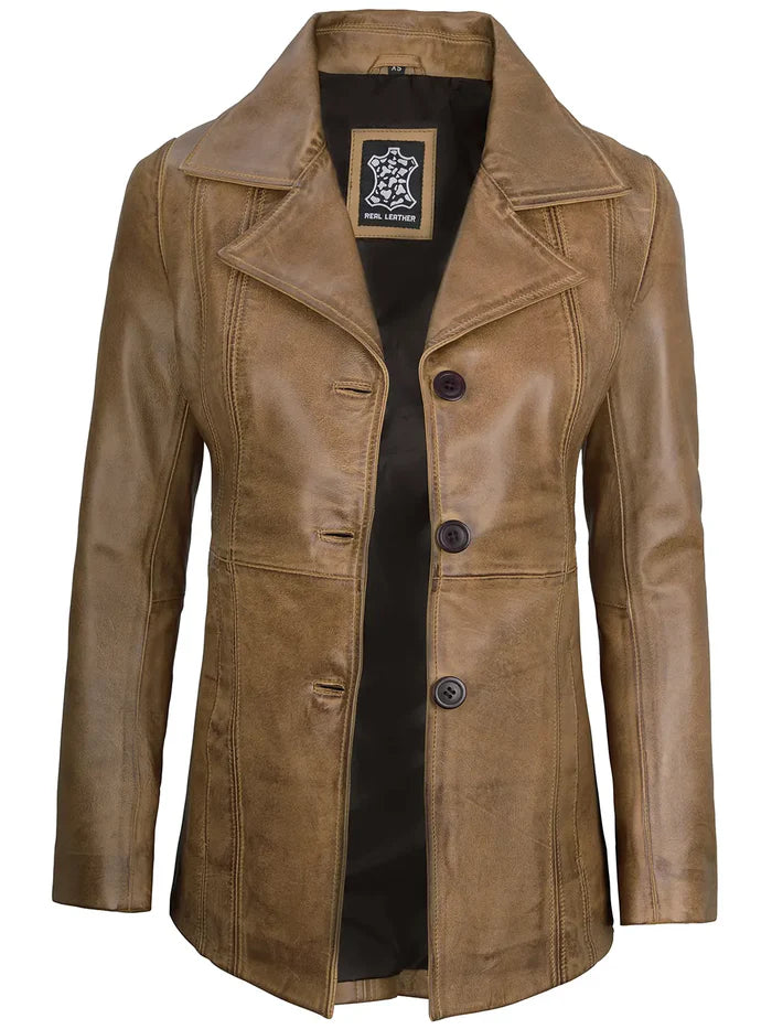 Women's Camel Brown Long Leather Blazer