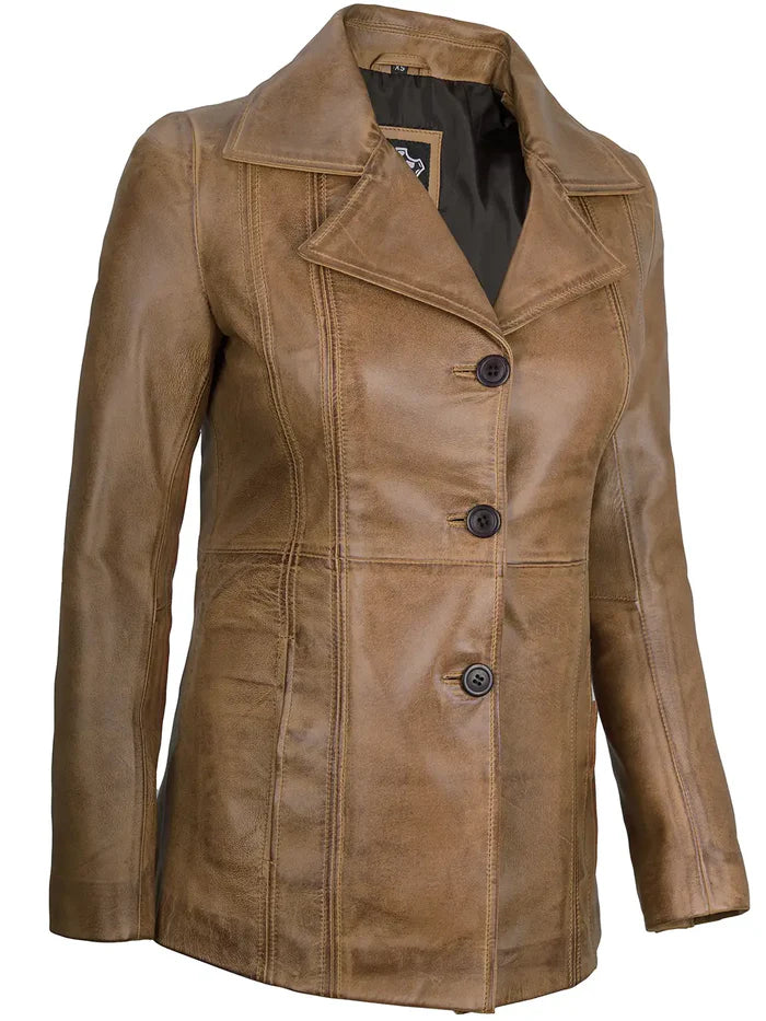 Women's Camel Brown Long Leather Blazer