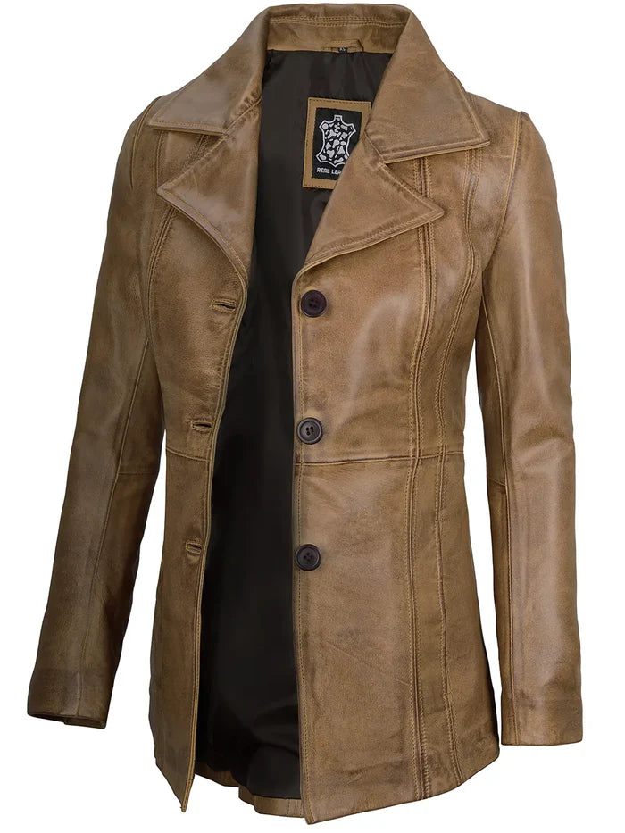 Women's Camel Brown Long Leather Blazer