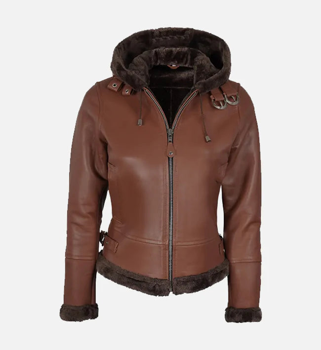 Women's Cognac Brown Hooded Shearling Jacket
