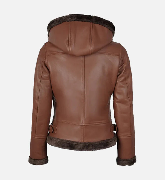 Women's Cognac Brown Hooded Shearling Jacket