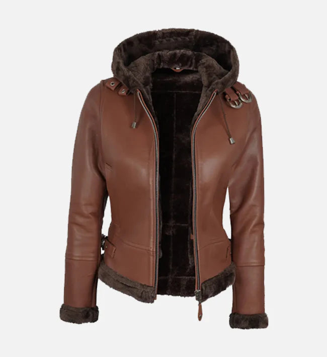 Women's Cognac Brown Hooded Shearling Jacket