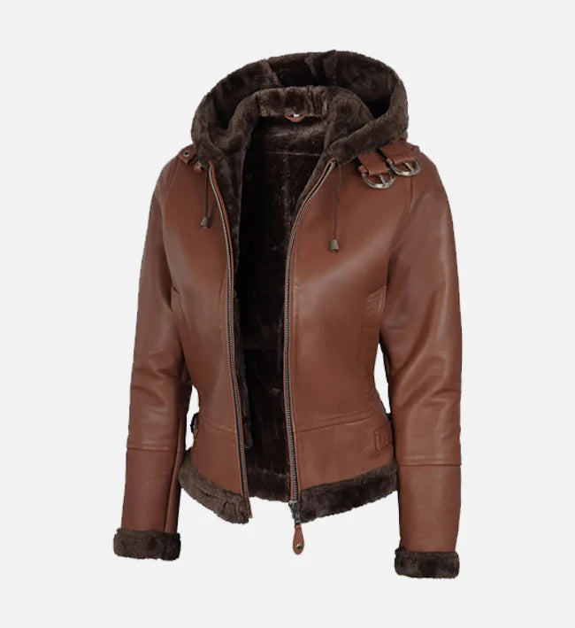 Women's Cognac Brown Hooded Shearling Jacket