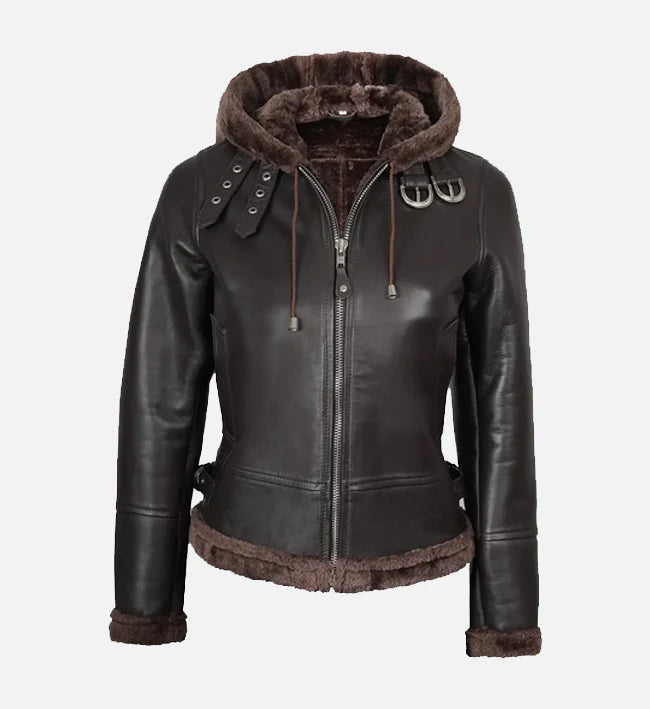 Women's Dark Brown Hooded Shearling Leather Jacket