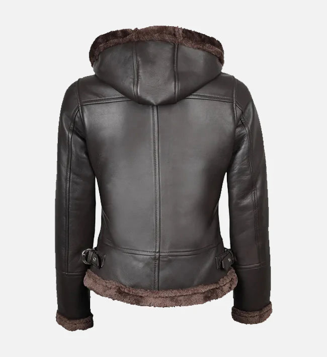 Women's Dark Brown Hooded Shearling Leather Jacket
