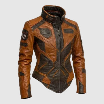 Women's Dark Brown Leather Jacket With Brown Stripe Detailing