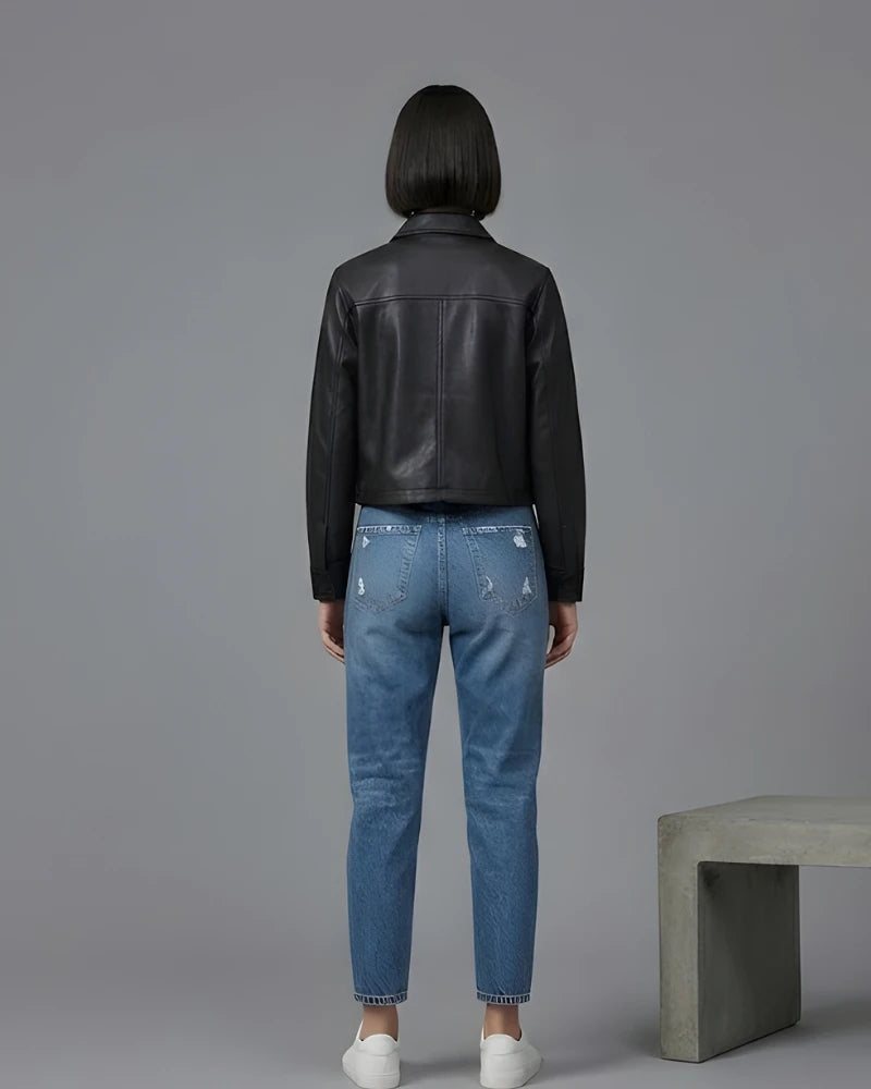 Women's Leather Black Cropped Trucker Jacket