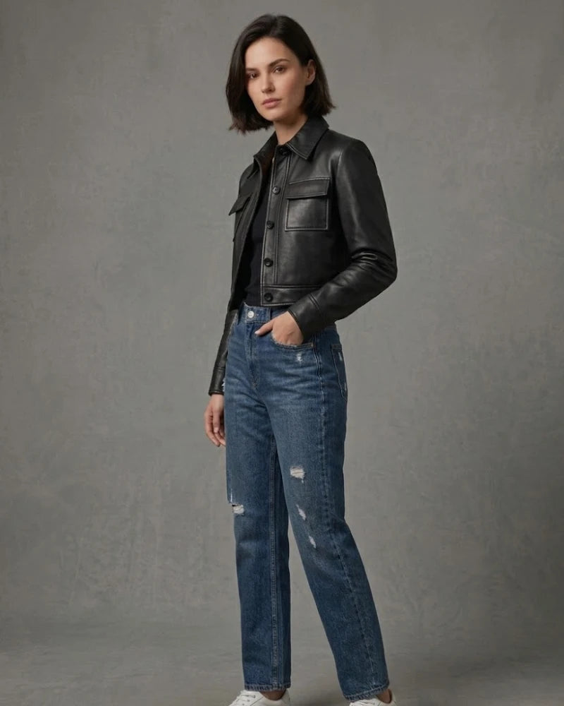 Women's Leather Black Cropped Trucker Jacket