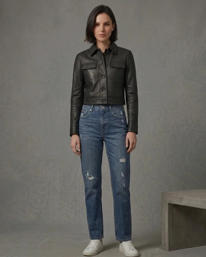 Women's Leather Black Cropped Trucker Jacket