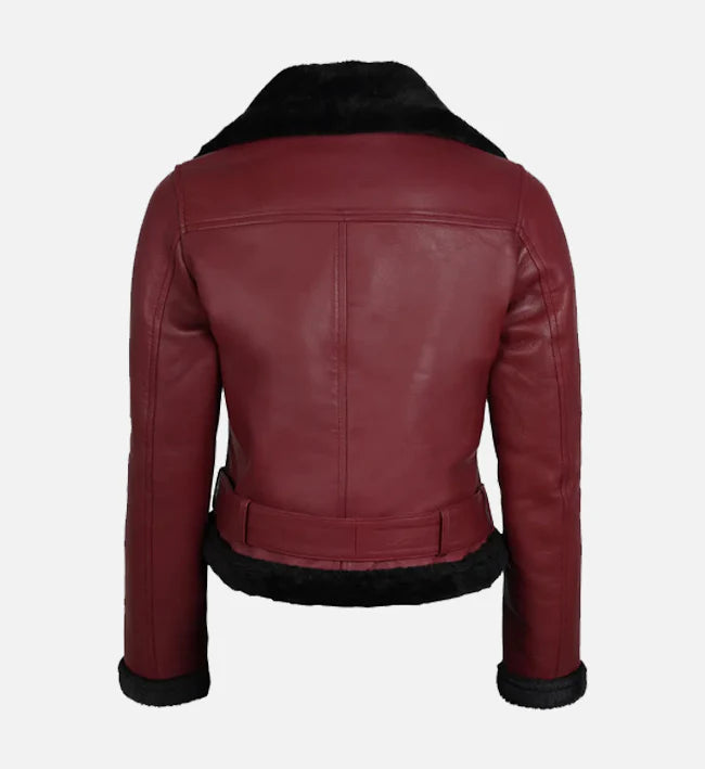 Women's Maroon Biker Shearling Leather Jacket