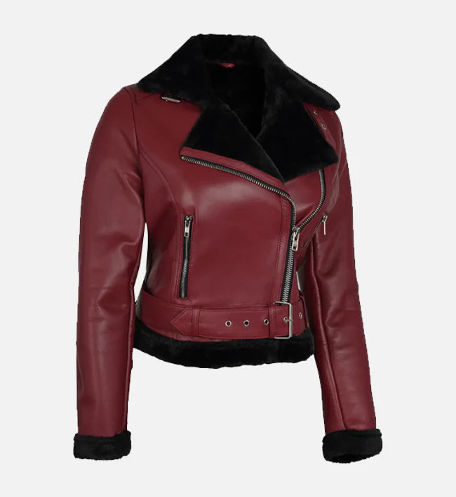 Women's Maroon Biker Shearling Leather Jacket