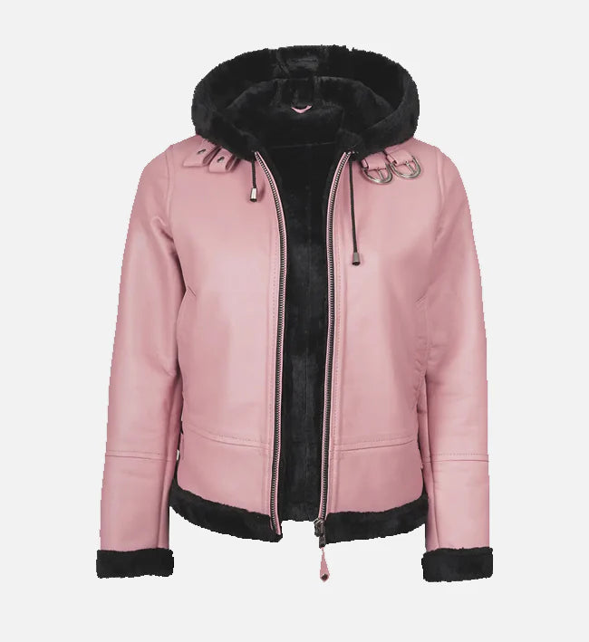 Women's Pink Hooded Shearling Jacket