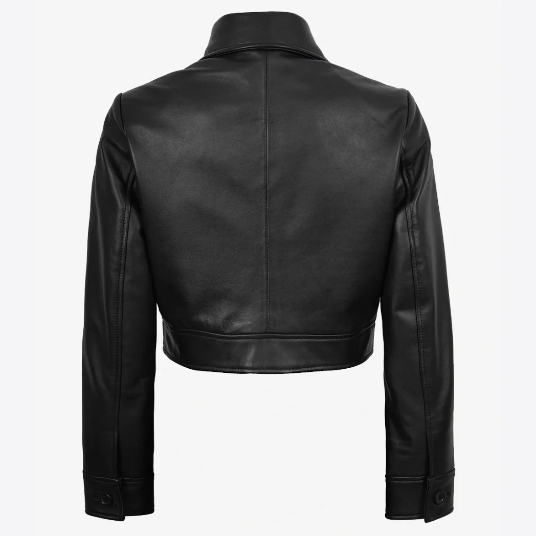 Women's Real Lambskin Leather Black Cropped Trucker Jacket