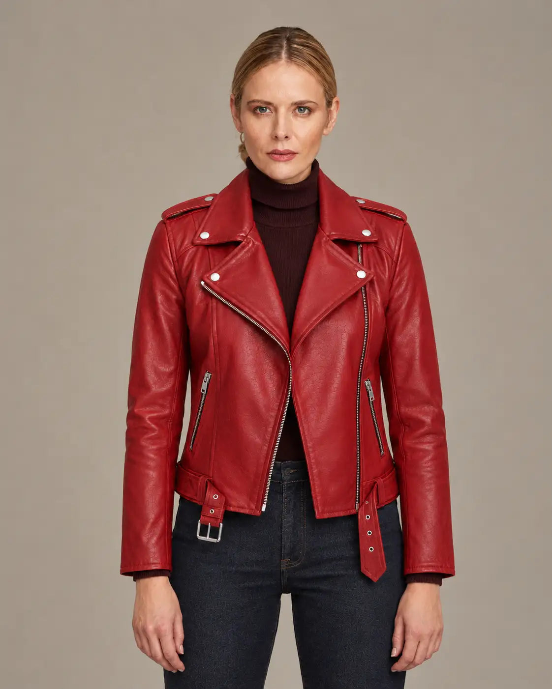 Women's Red Asymmetric Zipper Biker Jacket