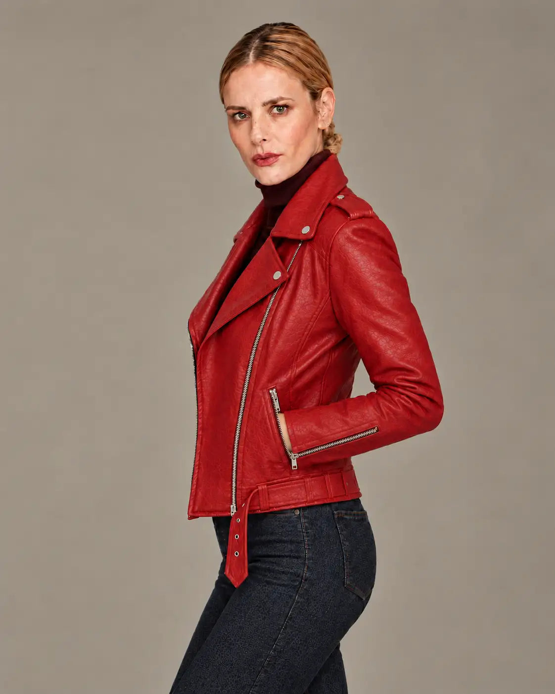 Women's Red Asymmetric Zipper Biker Jacket