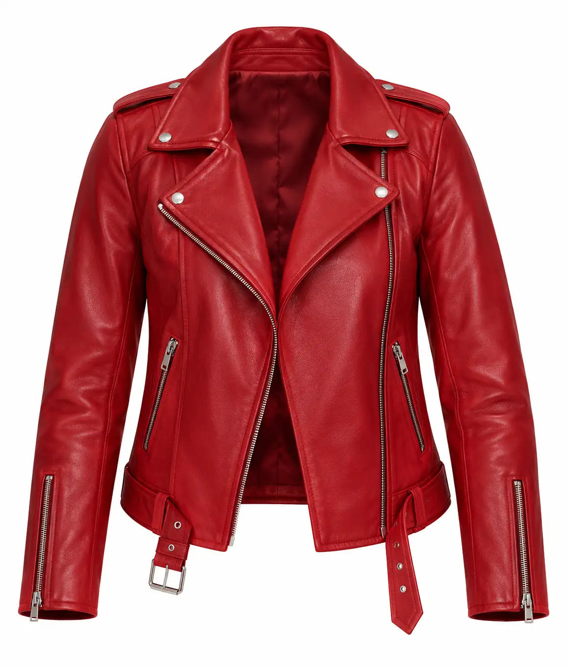 Women's Red Asymmetric Zipper Biker Jacket