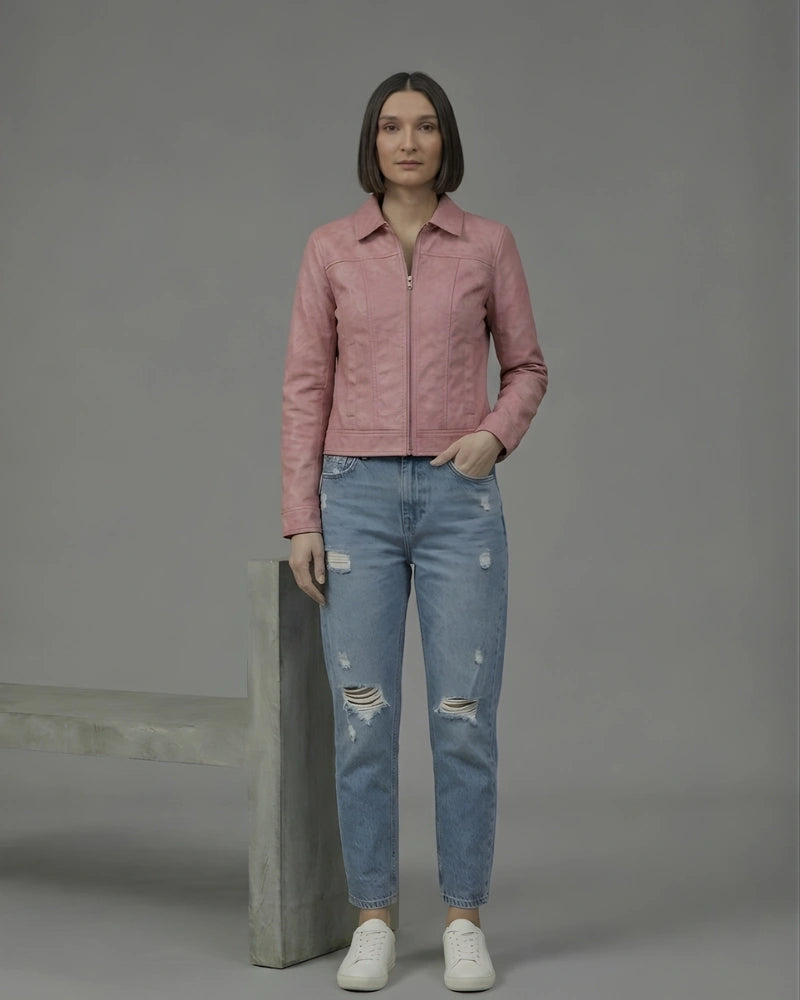 Women's Rose Pink Sheepskin Leather Cropped Fitted Jacket