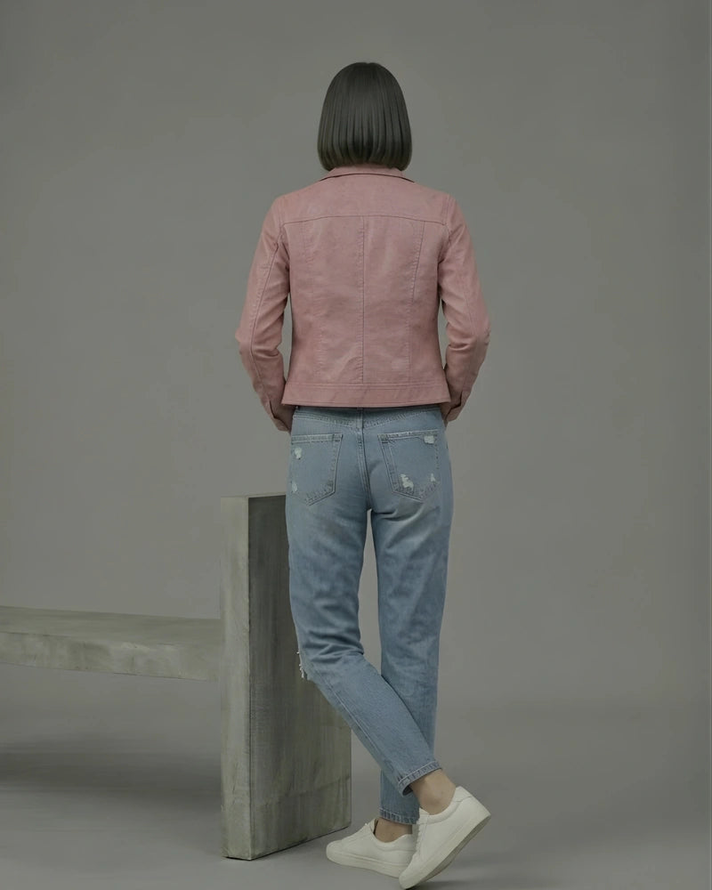 Women's Rose Pink Sheepskin Leather Cropped Fitted Jacket