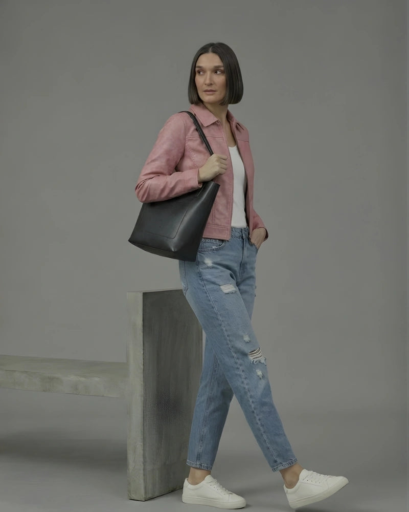 Women's Rose Pink Sheepskin Leather Cropped Fitted Jacket