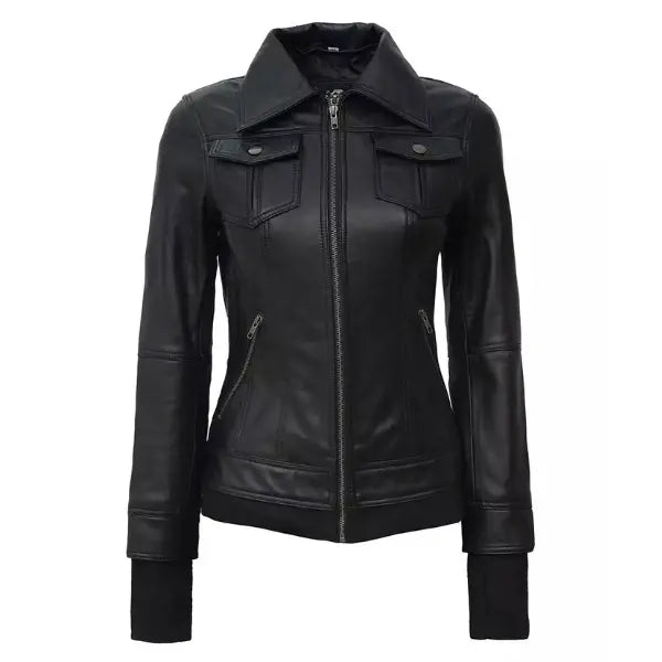 Women Black Bomber Leather Jacket with Removable Hood
