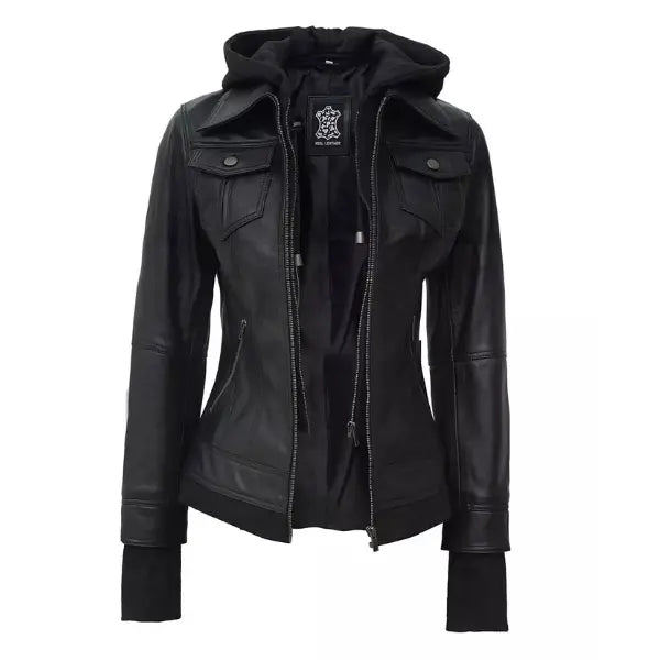 Women Black Bomber Leather Jacket with Removable Hood