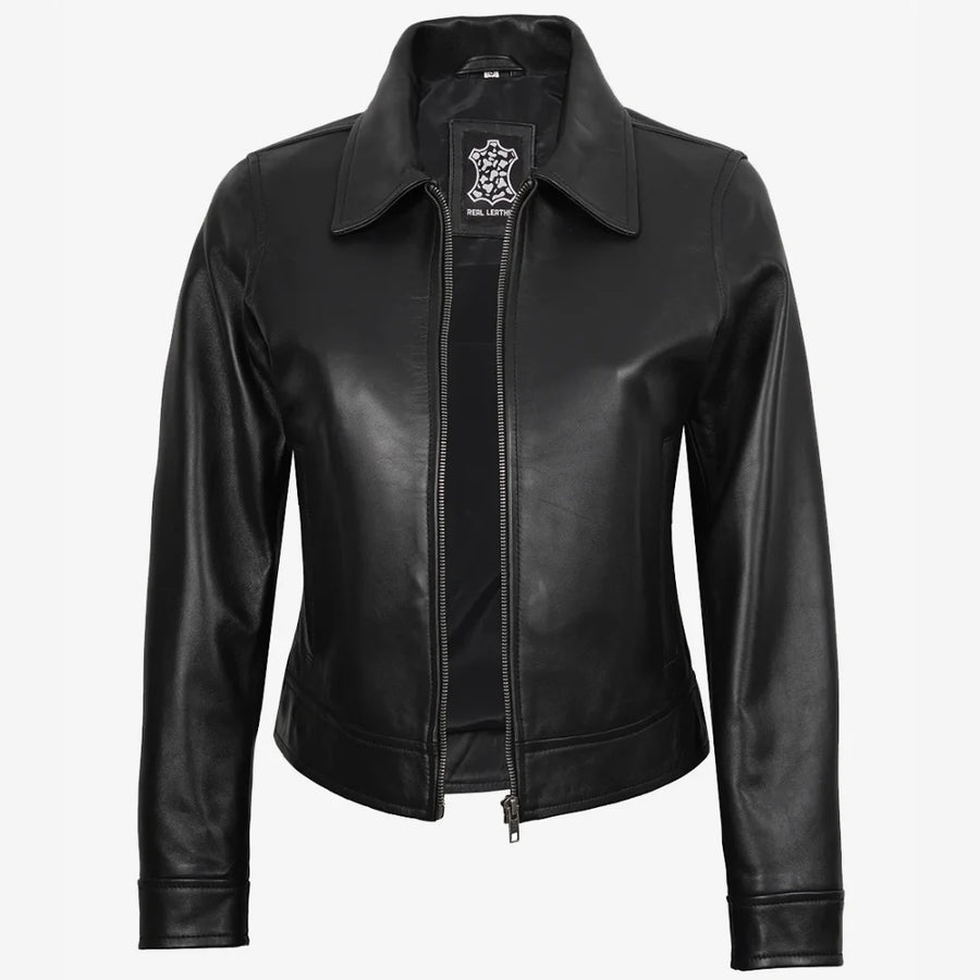 Women's Black Shirt Collar Harrington Leather Jacket