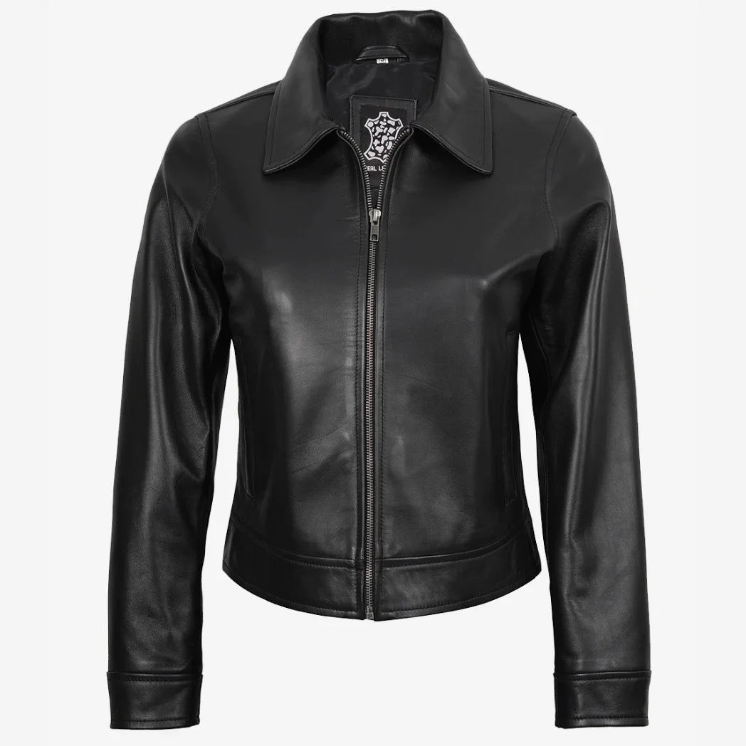 Women's Black Shirt Collar Harrington Leather Jacket