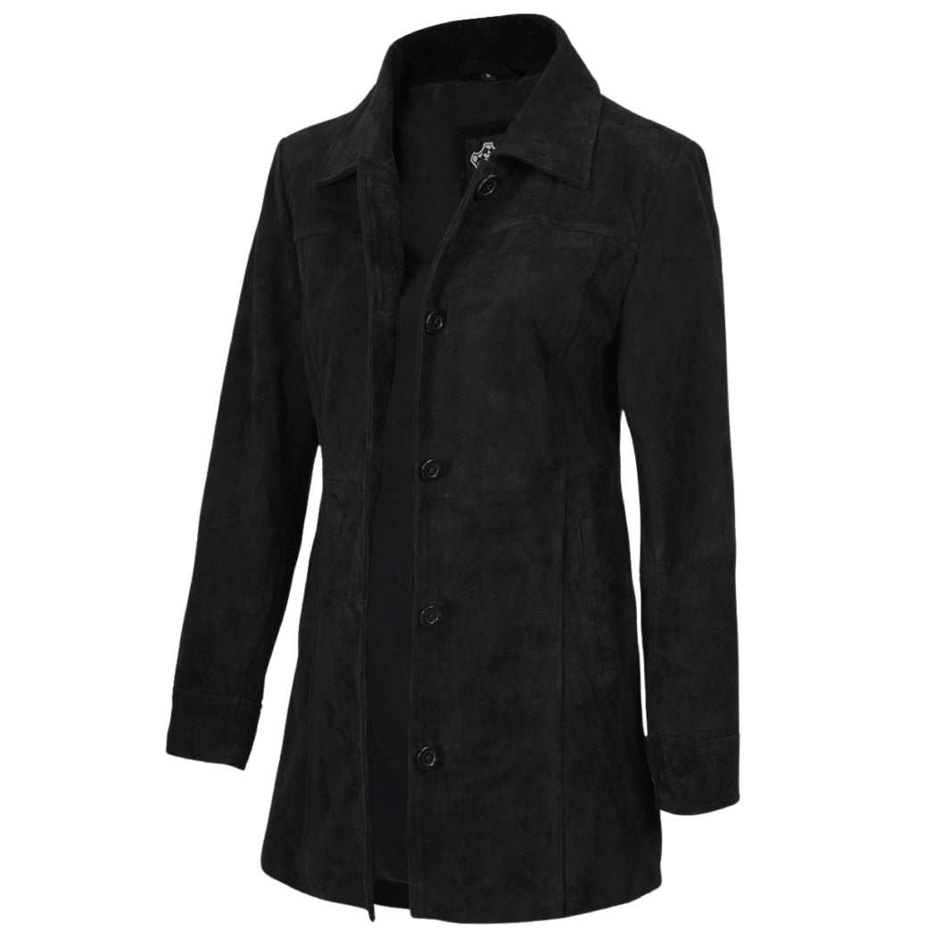 Womens Black Suede Button Down Coat