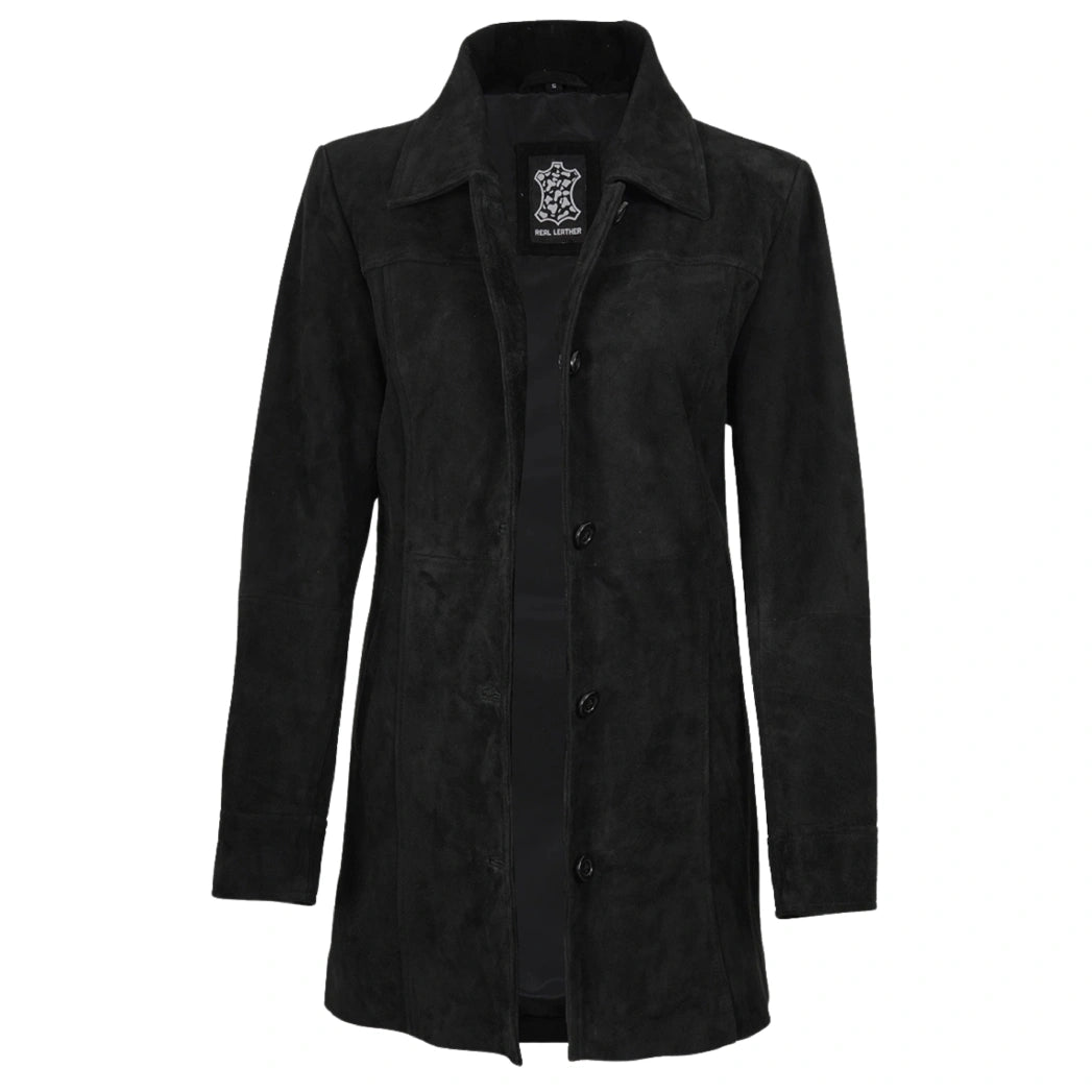 Womens Black Suede Button Down Coat