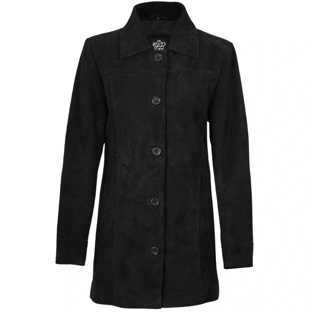 Womens Black Suede Button Down Coat