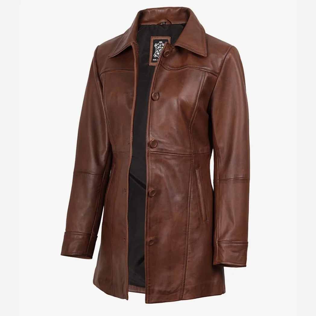 Women's Cognac 3/4 Length Button Down Leather Coat