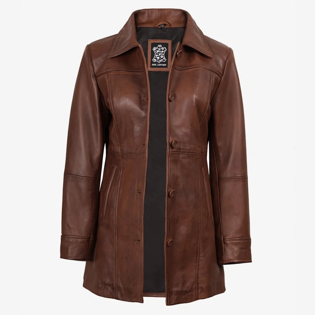 Women's Cognac 3/4 Length Button Down Leather Coat