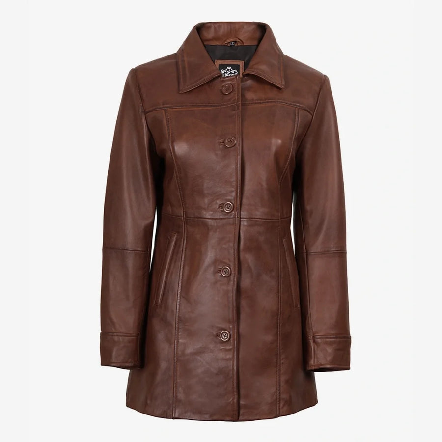 Women's Cognac 3/4 Length Button Down Leather Coat