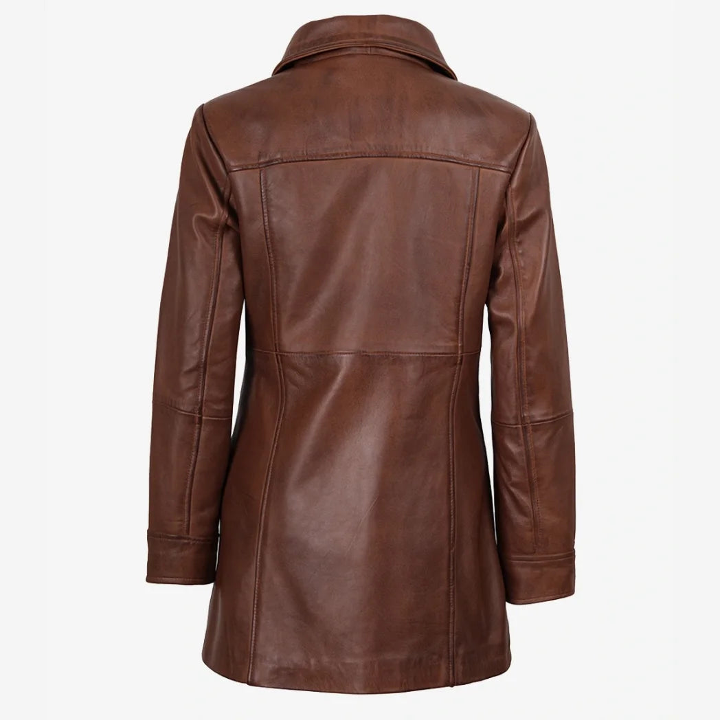 Women's Cognac 3/4 Length Button Down Leather Coat